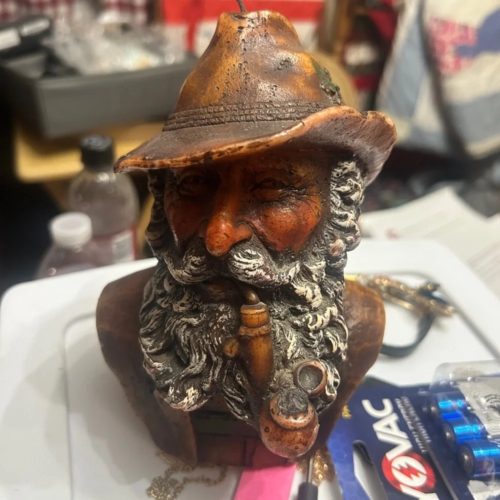 Vintage Black Forest Hunter Head Figural Wax Candle Bavarian Woodsman Pipe 70’s - Picture 4 of 5